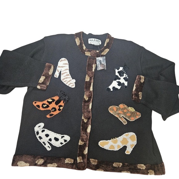 Jack B Quick Cardigan Sweater Womens Large Animal Print Shoe Applique Novelty - Picture 3 of 8